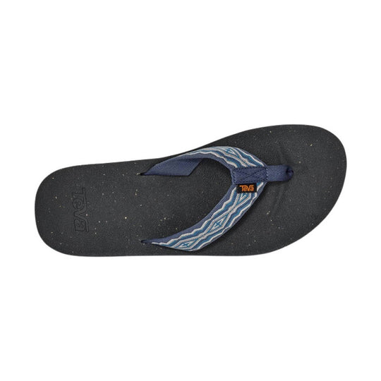 Black flip-flop with blue patterned straps and Teva logo