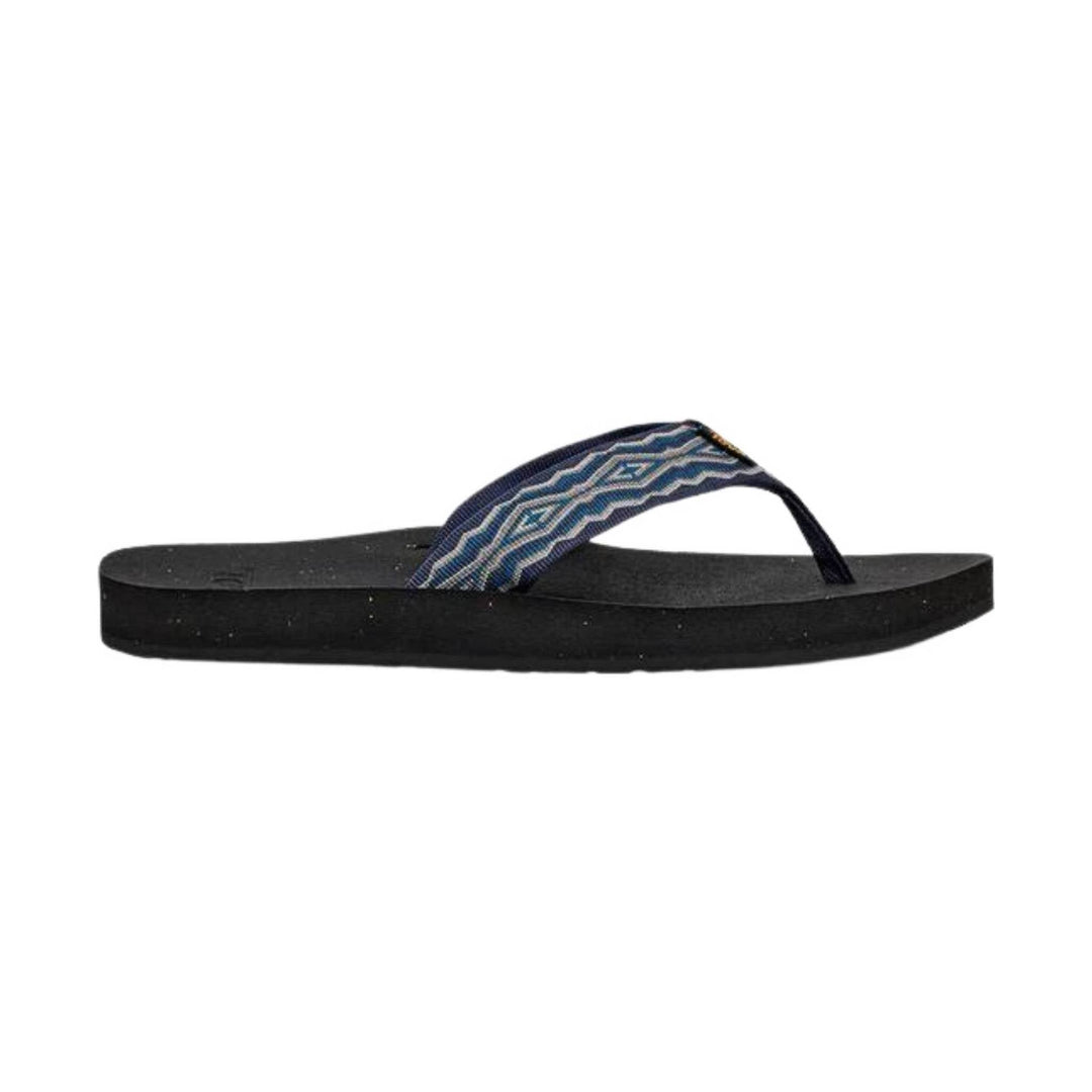 Black flip-flop with blue patterned strap
