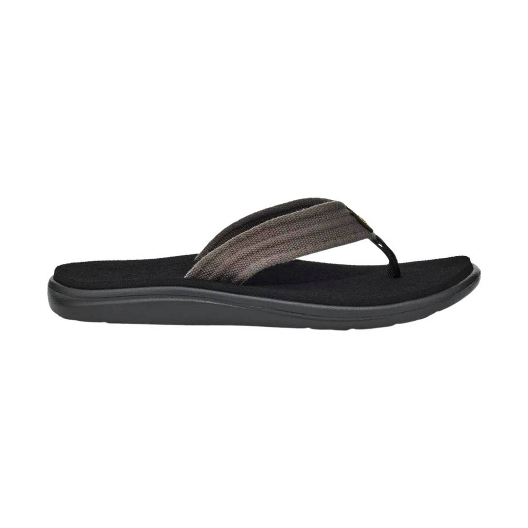 Black thong sandal with a gray woven strap and thick cushioned sole, side view