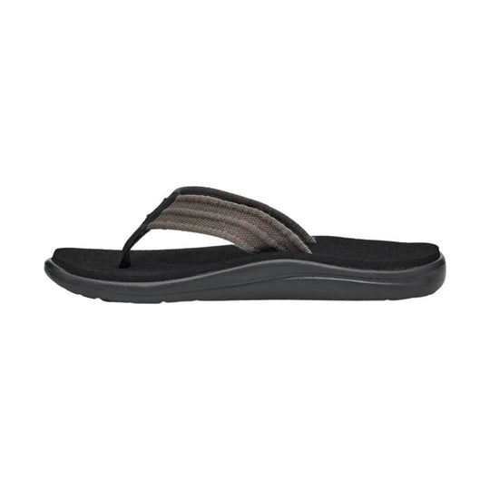 Black flip flop sandal with a textured gray strap and thick molded sole, shown in side view.