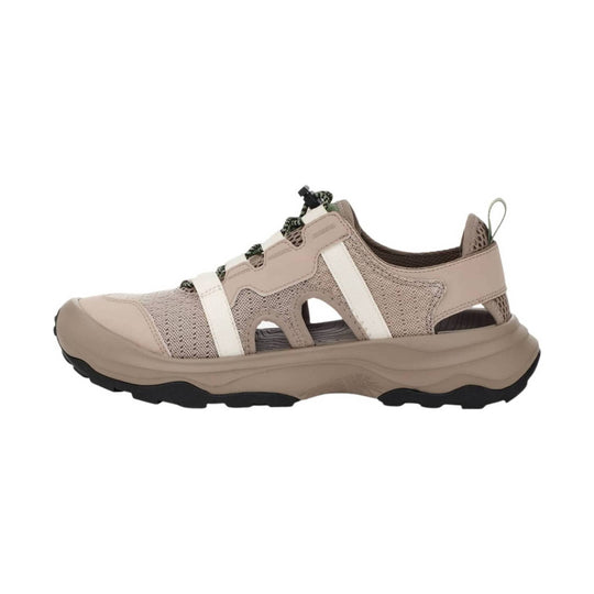 Beige closed-toe hiking sandal with mesh panels, white straps, and a thick black treaded sole