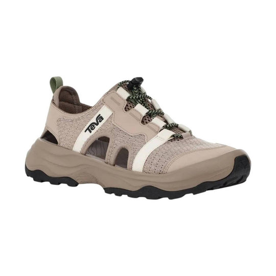 Beige closed-toe hiking sandal with side cutouts, bungee laces, and black tread sole