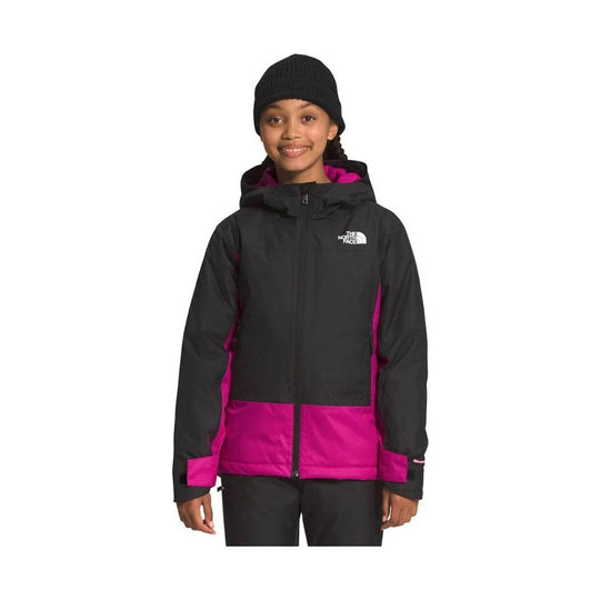 Kids' black and bright pink hooded insulated jacket with front zipper and logo on chest
