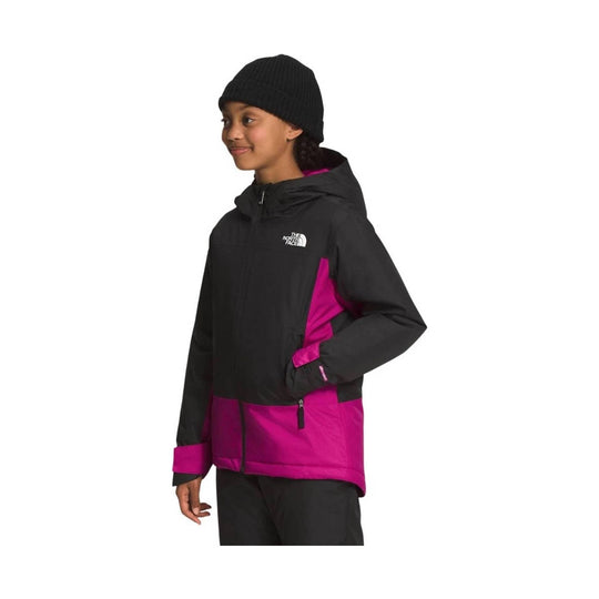 Black and magenta kids' hooded jacket with a front zipper, side pocket, and visible logo on the chest.