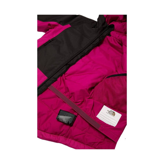 Magenta and black insulated jacket laid open with a front zipper and visible care tag
