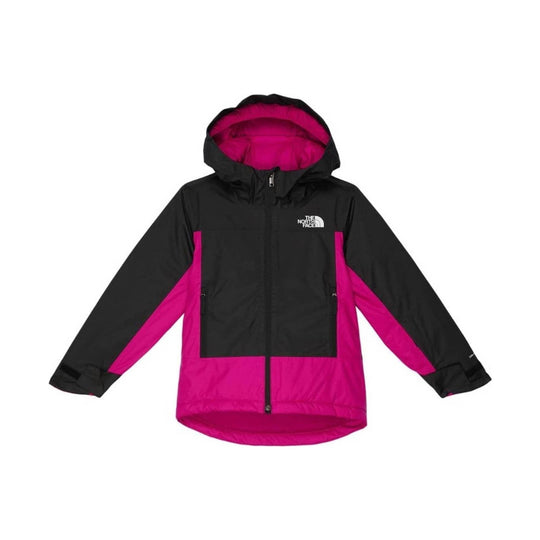 Black and fuchsia hooded zip-up jacket with The North Face logo on the chest.