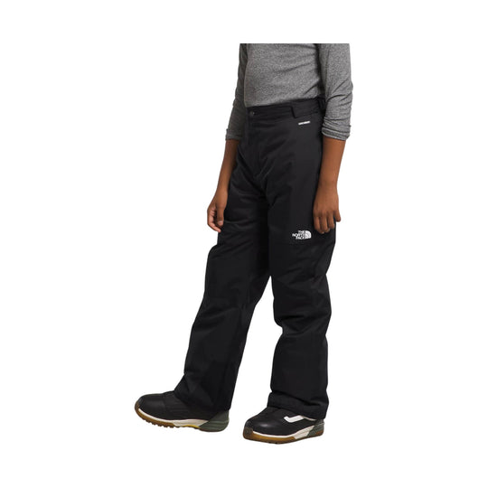 Black insulated snow pants on a child model, shown front view