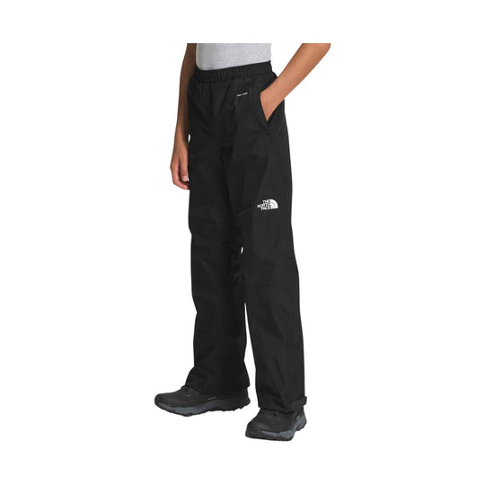 Black kids' rain pants with elastic waist, side pockets, and white logo prints