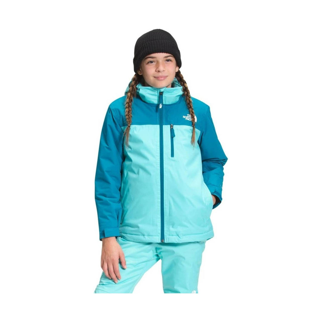 Color-blocked blue insulated kids' jacket with a high collar and chest logo