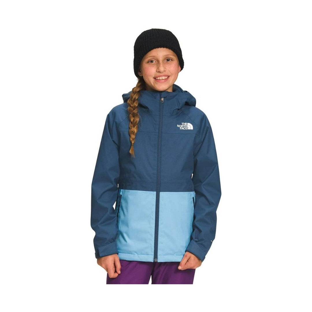 Blue hooded kids' rain jacket with a black hat and white chest logo