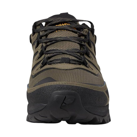 Olive and black trail shoe with mesh upper, black laces, and a rugged treaded sole