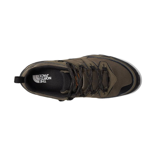 Brown and black low-top hiking shoe with mesh upper, bungee laces, and The North Face logo on the insole