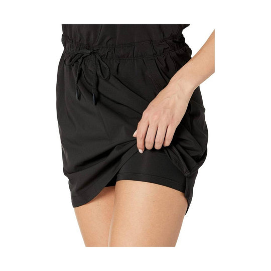 Black sleeveless athletic dress with a drawstring waist, layered hem, and built-in shorts
