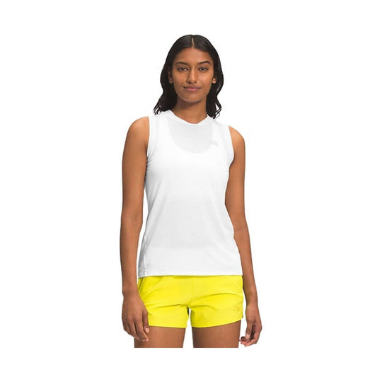 White sleeveless athletic tank top with a crew neck, shown with bright yellow shorts