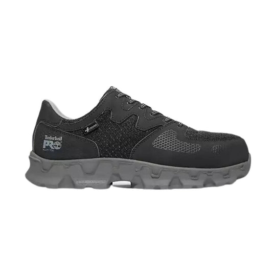 Black low-top work shoe with gray sole and mesh panels, shown in side view