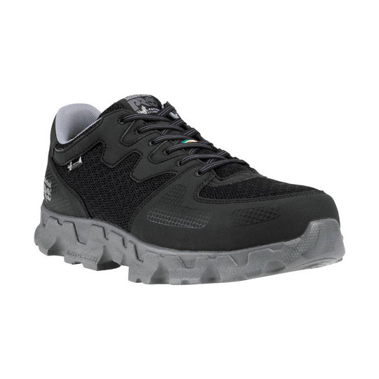 Black low-top work shoe with gray mesh panels, thick lugged sole, and lace-up front