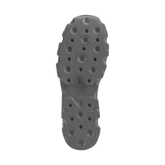 Gray work shoe outsole with circular tread lugs and embossed traction markings
