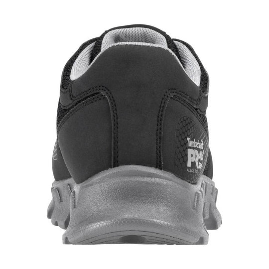 Black and gray work shoe with a thick treaded sole and Timberland PRO logo on the heel
