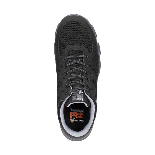 Black athletic work shoe with mesh toe, gray trim, and laced closure, viewed from above.