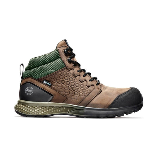 Brown and green lace-up work boot with a black toe cap and textured sole