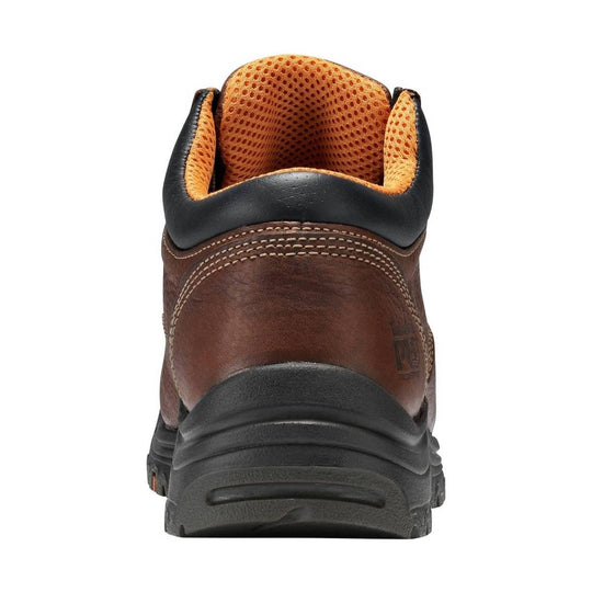 Brown leather work boot with black padded collar and orange mesh lining, rear view