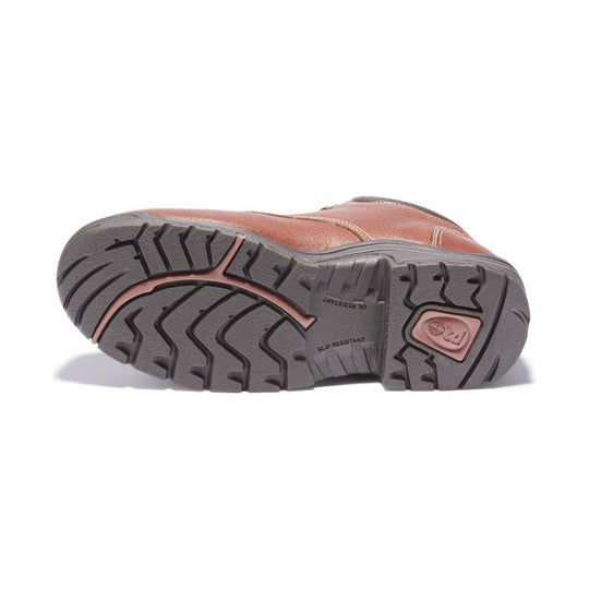Brown leather work shoe shown from the sole, with gray lug outsole and slip-resistant marking