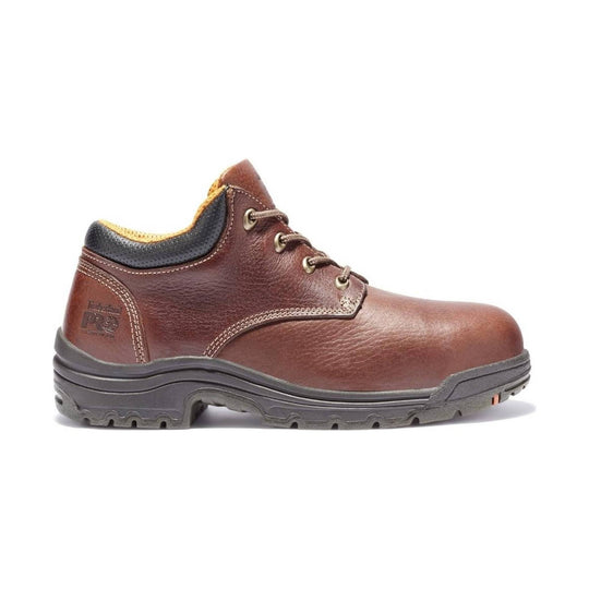 Brown leather work shoe with black padded collar, lace-up front, and rugged tread sole