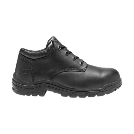 Black lace-up safety work shoe with a thick lug sole and padded collar