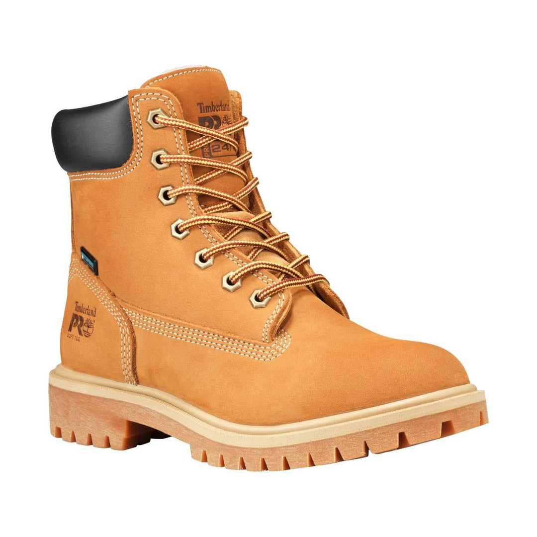 Wheat-colored insulated work boot with black padded collar, metal eyelets, and lugged sole