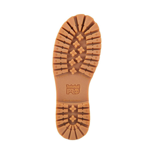 Tan lugged boot outsole with Timberland PRO logo and slip-resistant, oil-resistant, non-marking markings
