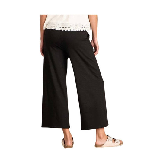 Black wide-leg cropped pants with a pull-on waistband, shown from the back