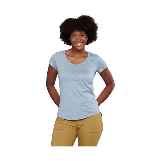 Light blue V-neck short sleeve T-shirt with a fitted cut, shown on a model.