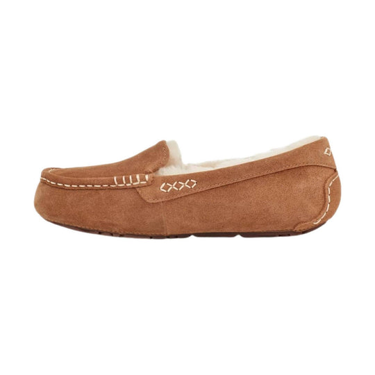 Tan suede moccasin slipper with white shearling lining and decorative stitching