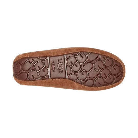 Brown suede slipper sole with embossed UGG logo pattern