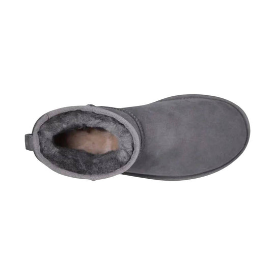 Gray suede ankle boot with fleece lining and rounded toe, viewed from above