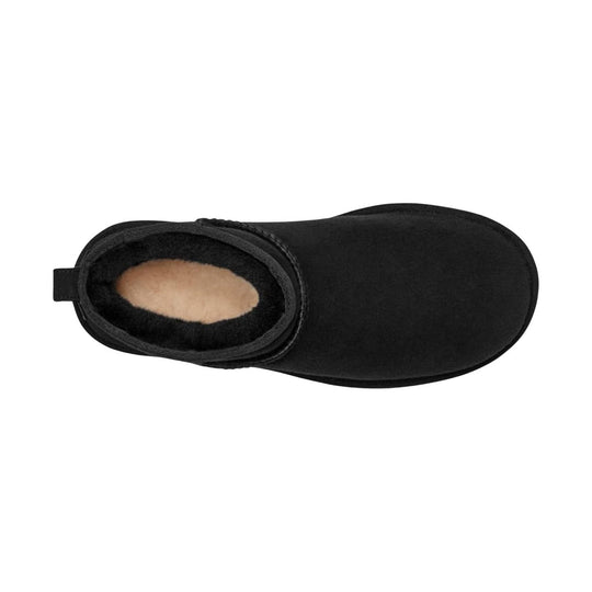 Black shearling-lined ankle boot viewed from above on a white background