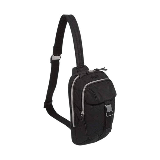 Black nylon sling bag with a front pocket, silver zippers, and an adjustable shoulder strap