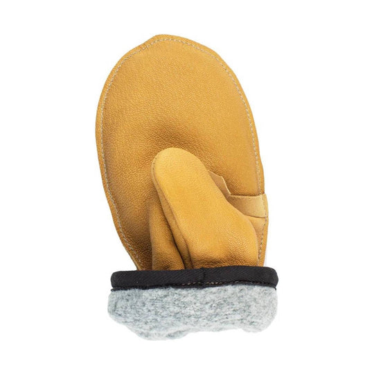 Tan leather mitten with a gray wool cuff and black trim
