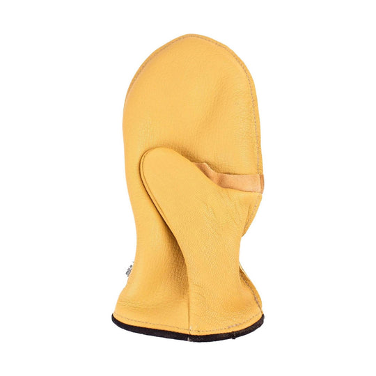 Yellow leather mitten with a long gauntlet cuff and black trim