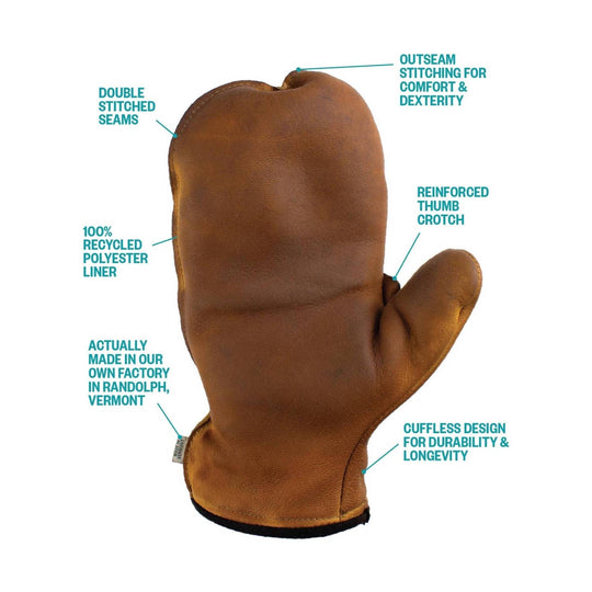 Brown leather mitten with teal callouts highlighting double stitched seams, recycled polyester liner, reinforced thumb crotch, and cuffless design