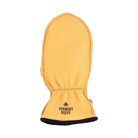 Yellow leather mitten with black cuff and printed logo on the wrist
