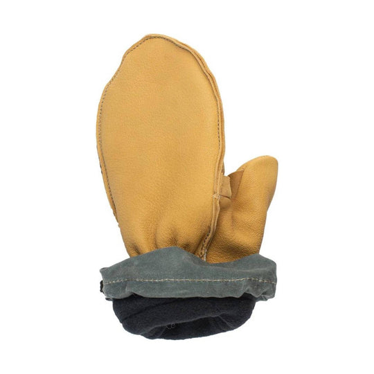 Tan leather mitten with a gray cuff and dark lining, shown front-facing