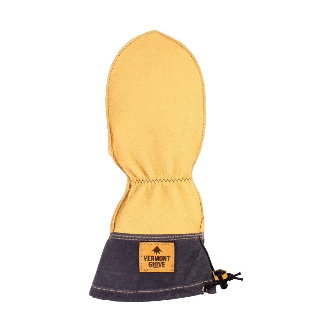 Two-tone leather mitten with a dark cuff and logo patch
