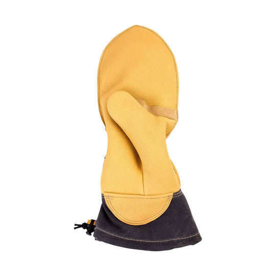 Yellow leather mitten with a dark cuff and looped wrist cinch