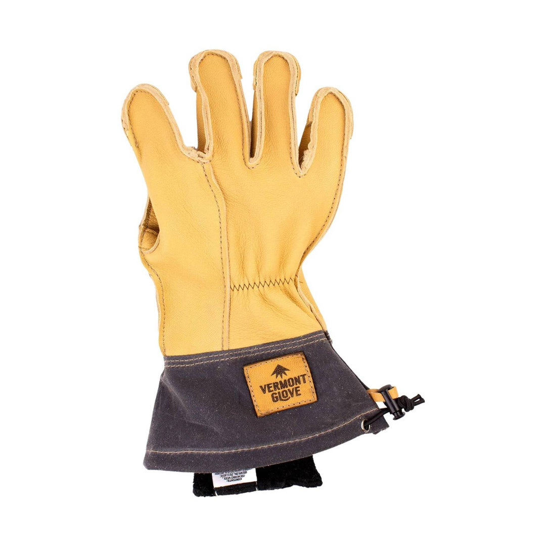 Yellow leather work glove with a dark cuff and visible brand patch