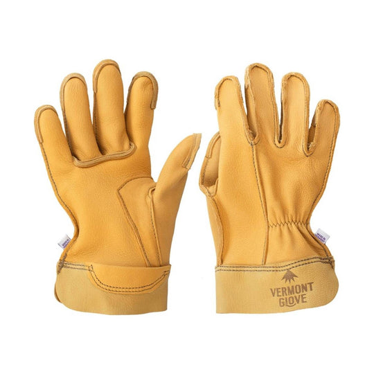 Pair of tan leather work gloves with insulated cuffs