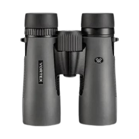 Gray binoculars with black eyecups and central focus wheel, shown front view