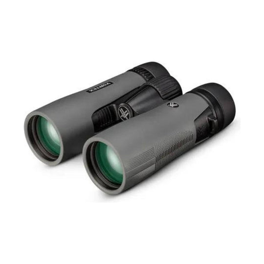 Black and gray binoculars with green-tinted lenses