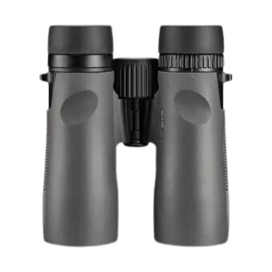 Gray binoculars with black eyecups and center focus wheel on a white background