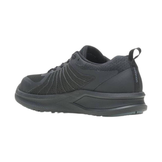 Dark gray low-top work shoe with a thick sole, mesh upper, and heel pull tab